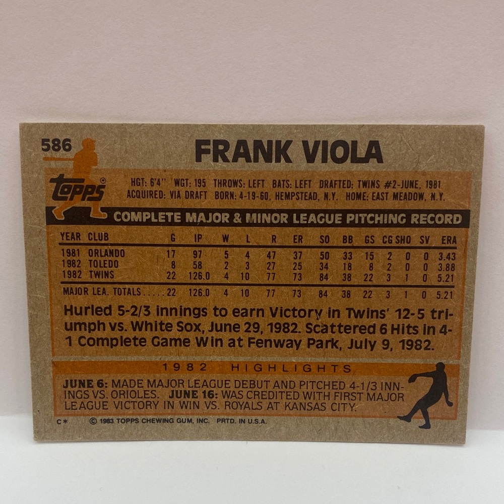 1983 Topps Frank Viola Twins #586 In Person Autograph (065) - Picture 2 of 4